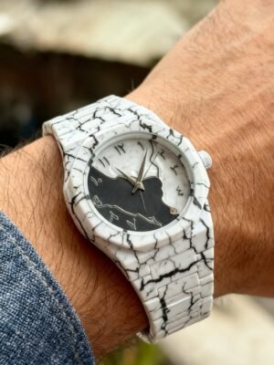 Men's Carbon Fiber Black And White Marble Design Arabic Aura Watch (Tiger Design)